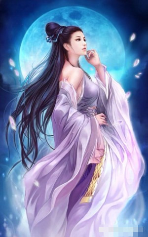 月婵仙子，书中写到她夜月出浴，身后是一轮巨大的明月，周围花瓣飘舞，脚下为仙池，蒸腾瑞气。